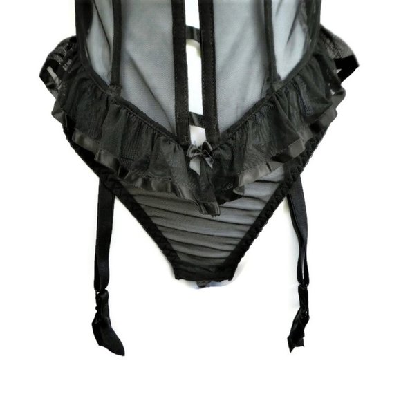 Vintage 90s Victoria's Secret Lingerie Teddy Underwire Black Garter Rosettes 34C - Picture 5 of 8